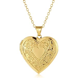 Zelphvt Gold Heart Locket Necklace Picture Locket Necklace for Women | Vintage Flower Engraved photo locket necklace Memorial