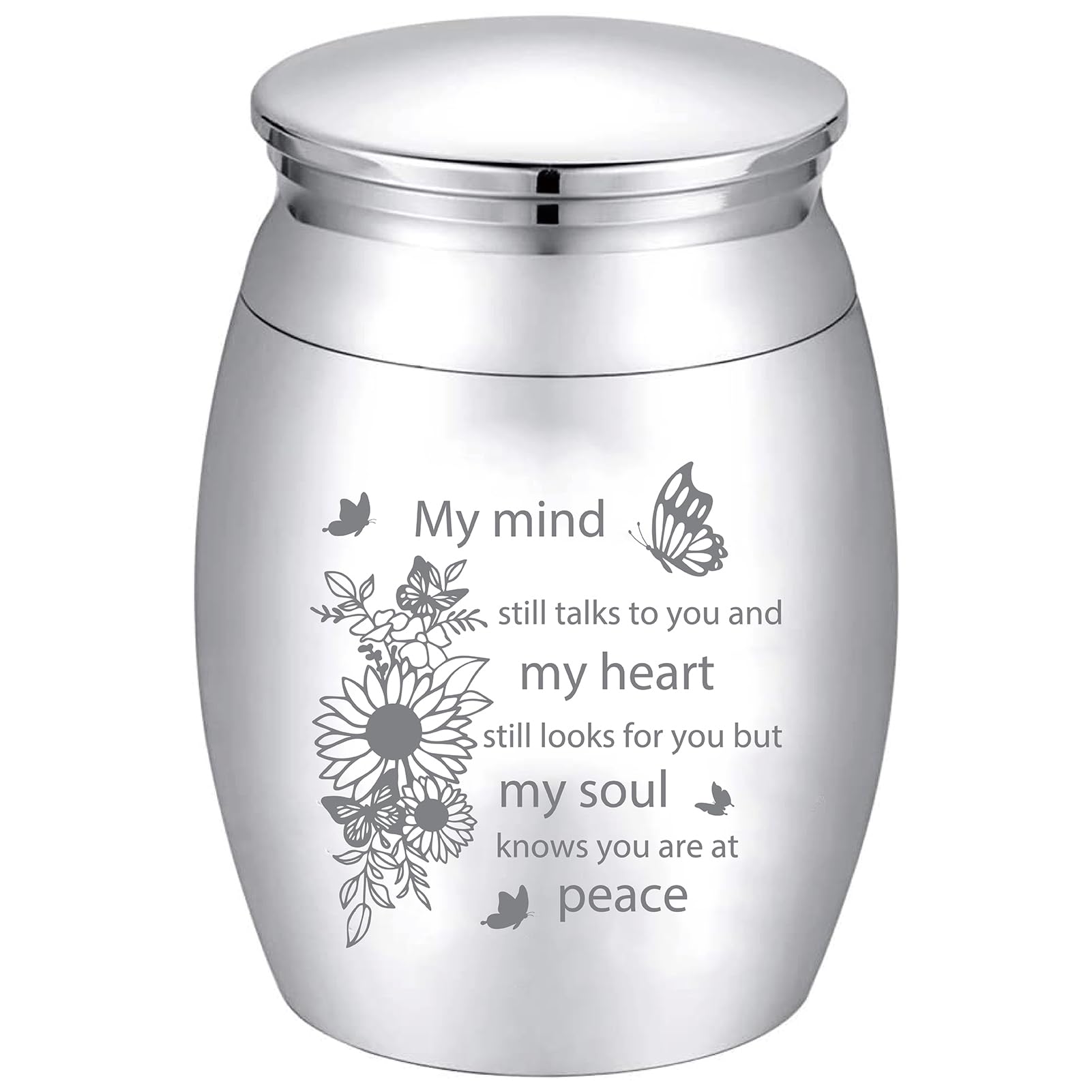 CREATCABIN Small Urns for Ashes Mini Cremation Urns Ashes Keepsake Memorial Stainless Steel Metal Funeral Urn Sunflower Butterfly Burial for Pet Human Dog Cat 1.57x1.18 Inch-My Mind Still Talks To You