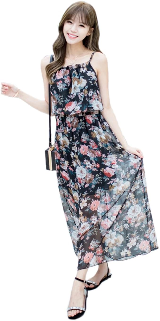 ワンピース レディース 春夏 フィギュア マキシ ノースリーブ 花柄 プリント カシュクール シフォン シフォンワンピ パーディー 通勤 上品 大人 着痩せ 細身 ワンピース チュニック 通販 Amazon