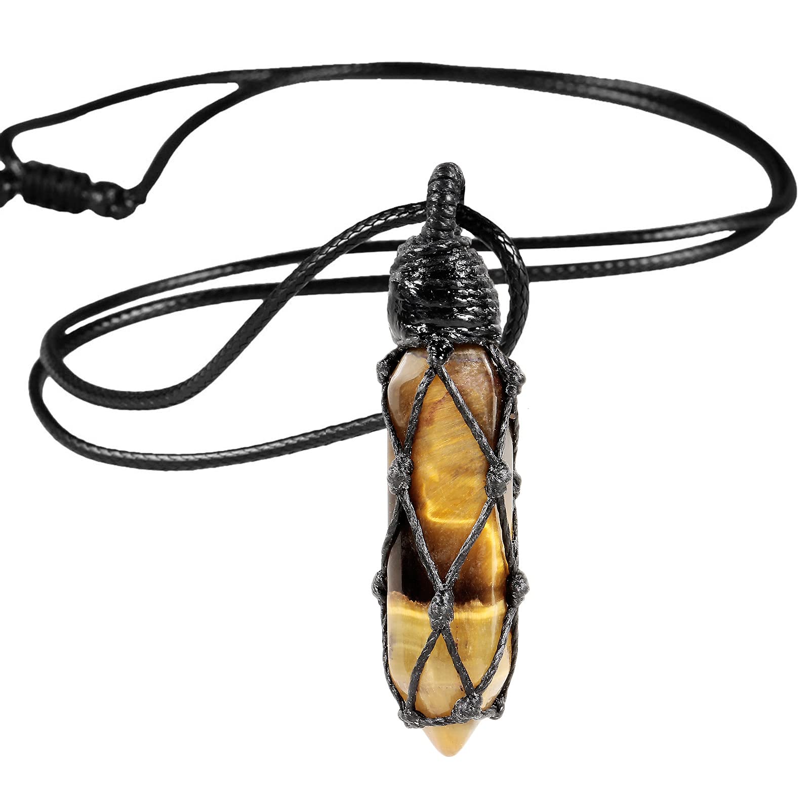 Nupuyai Tiger's Eye Hexagonal Quartz Crystal Point Pendant Necklace for Women Men, Natural Wrapped Stone Pendulum Pendant with Adjustable Rope 65cm