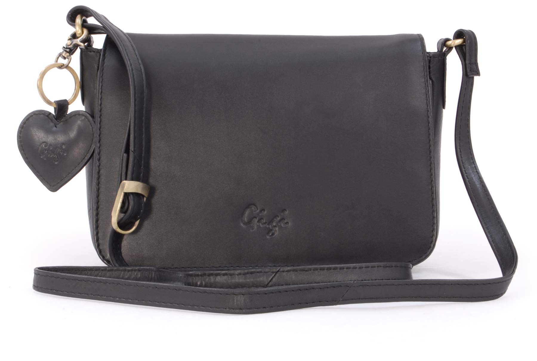 Gigi - Women's Small Leather Crossbody Bag - Flap Over Organiser Handbag - Multiple Pockets - With Heart Keyring Charm - Othello 14578 - Black