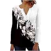 Melliflo Womens Long Sleeve Tunic Tops Hide Belly Pleated Fall Shirts Casual V Neck Button Down Floral Graphic Tees Blouses