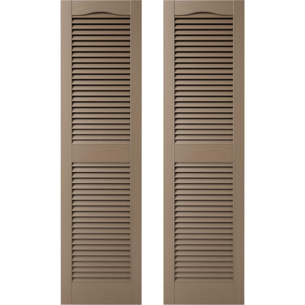 Photo 1 of 12 in. W x 72 in. H Builders Edge, Standard Cathedral Top Center Mullion, Open Louver Shutters, Includes Matching Installation Spikes (Per Pair), 385 - French Roast