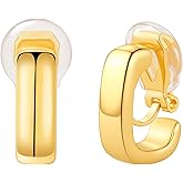 FAN&LOUIS Gold Clip On Earrings for Women,24K Gold Plated Chunky Hoop Earrings for Non-Pierced Ears Small Hypoallergenic Lightweight U Shaped Clip-On