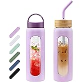 WINSA 24 oz Glass Water Bottle, Glass Tumbler with Straw, Reusable Drinking Bottles with 2 Lids-Handle Lid&Bamboo Straw Lid, Silicone Sleeve, for Sports, Home,1 Pack-Purple