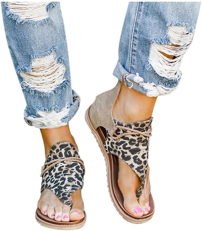 Cewtolkar Women Casual Posh Sandals Vintage Leopard Sandals Flip Flop Comfy Sandals Zipper Shoes