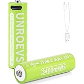 UNROEVS USB Rechargeable Lithium AA Batteries, 3400mWh 1.5V Rechargeable Double A Battery with 2-in-1 USB-C Cable,2H Fast Charge, Over 1200 Cycles.(2 Packs)