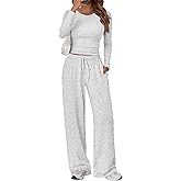 Trendy Queen Women's 2 Piece Matching Lounge Set Long Sleeve Side Ruching Top Wide Leg Drawstring Pants Set with Pockets