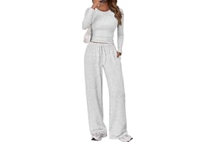 Trendy Queen Women's 2 Piece Matching Lounge Set Long Sleeve Slightly Crop Top Wide Leg Pants Casual Sweatsuit