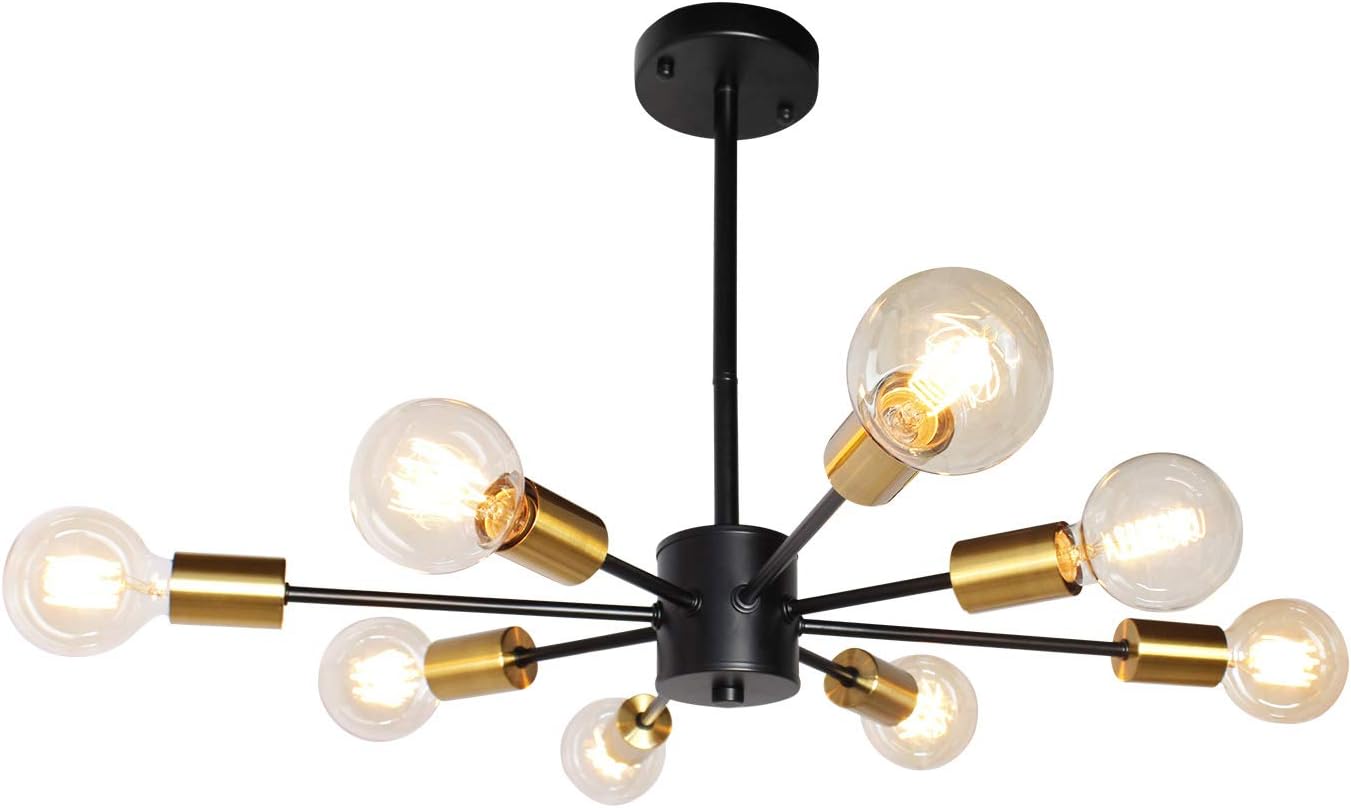 JHLBYL Sputnik Chandeliers 8 Lights Modern Pendant Lighting Black Vintage Semi Flush Ceiling Light Fixture for Kitchen Dining Room Living Room, Golden Lamp Holder: Home Improvement
