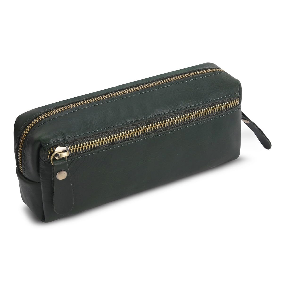 Wonderpool Pen Case Real Leather Pencil Pouch Markers Holder Big Capacity Bag with Side Zippered Pocket Sleeve for Stationery Makeup Utensils Organizer (Green)