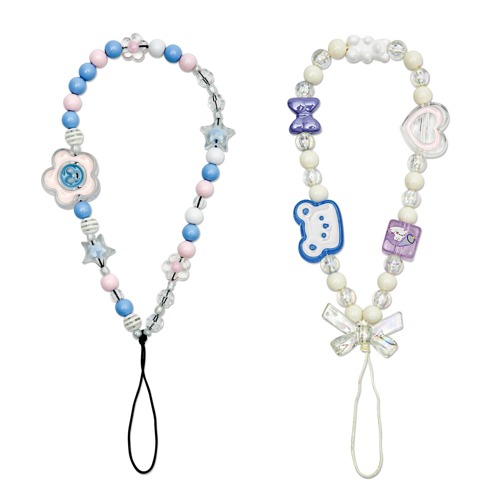 NQEUEPN 2pcs Phone Charms, Cute Beaded Phone Bracelet Strap Flower Phone Lanyard Phone Bracelet Aesthetic Wrist Strap for Phone Bear Phone Lanyard for Women Phone Keychain