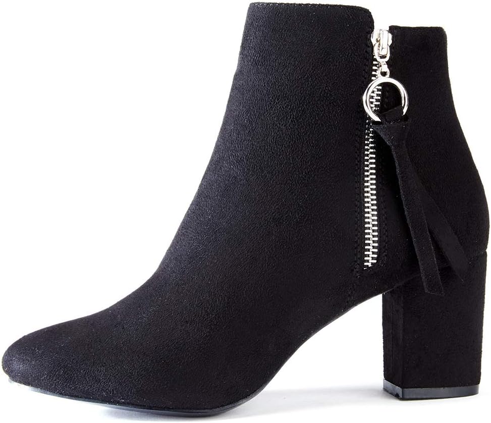 ANJOUFEMME Red Heel Ankle Boots for Women - Ladies Faux Suede Boots Spring Boots, Pointed Zip Boots for Women, Block Heel Height 6 cm
