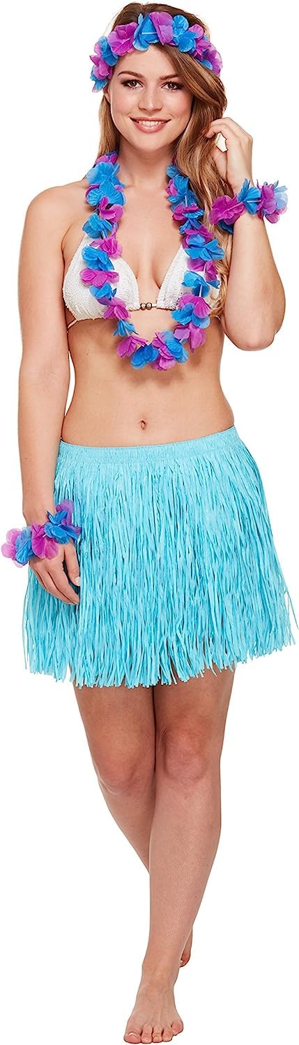 5pc Hawaiian Accessories Set Grass Skirt and Hula Lei Flower Garland 5pc Beach Party Set Ladies Fancy Dress Costume