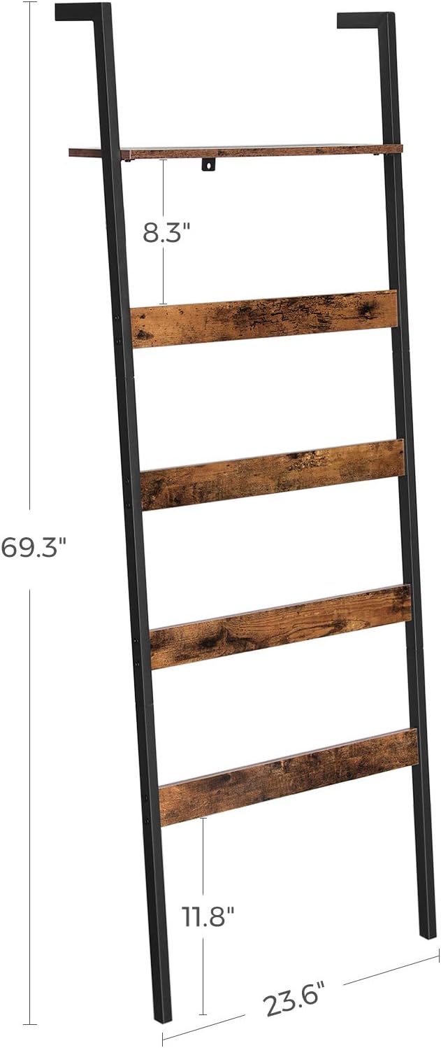 VASAGLE ALINRU Blanket Ladder Shelf, Wall-Leaning Rack with Storage Shelf, Steel Frame, for Blankets, Scarves, Industrial Style, Rustic Brown and Black ULLS012B01: Furniture & Decor