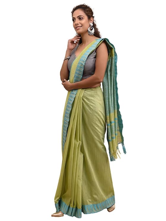 Womens Bhagalpuri Viscose Kota Parrot Green Saree With Blue Temple Border Contrast Blouse Piece