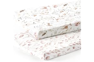 GRSSDER Stretch Ultra Soft Jersey Knit Changing Pad Cover Set 2 Pack, Change Table Pad Covers Fit 32"/34" x 16" Pads Safe and Snug, Beautiful Blush Pink Floral and Cute Animals Print for Girls