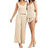 ft FENTENG Women's Ribbed Knit Pajama Set Soft & Breathable 4-Piece Lounge Set, Crop Top, Shorts & Pants, Cozy Casual Outfits