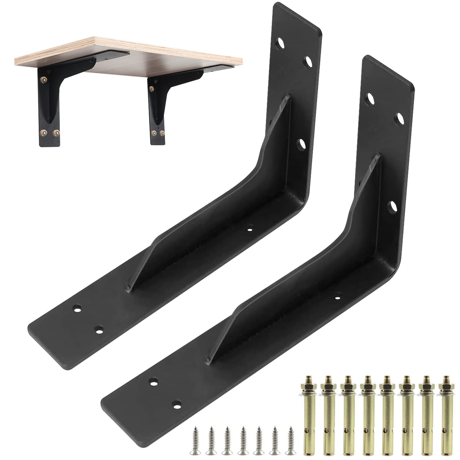 Shelf Brackets 2Pcs, 350mm Heavy Duty Wall Brackets Industrial Floating Shelf Bracket Max Load 105kg, L Bracket Wall Mounted Shelf Support, Matte Black Finished for Wall Mounting (Black)