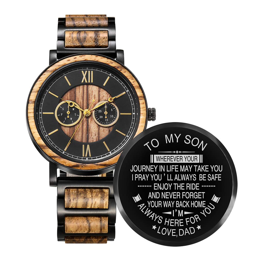 Kenon Engraved Wooden Watch for Son - Stylish Wood & Stainless Steel Quartz Casual Wristwatches for Men Son Friends Customized Watch (for Son from Dad)