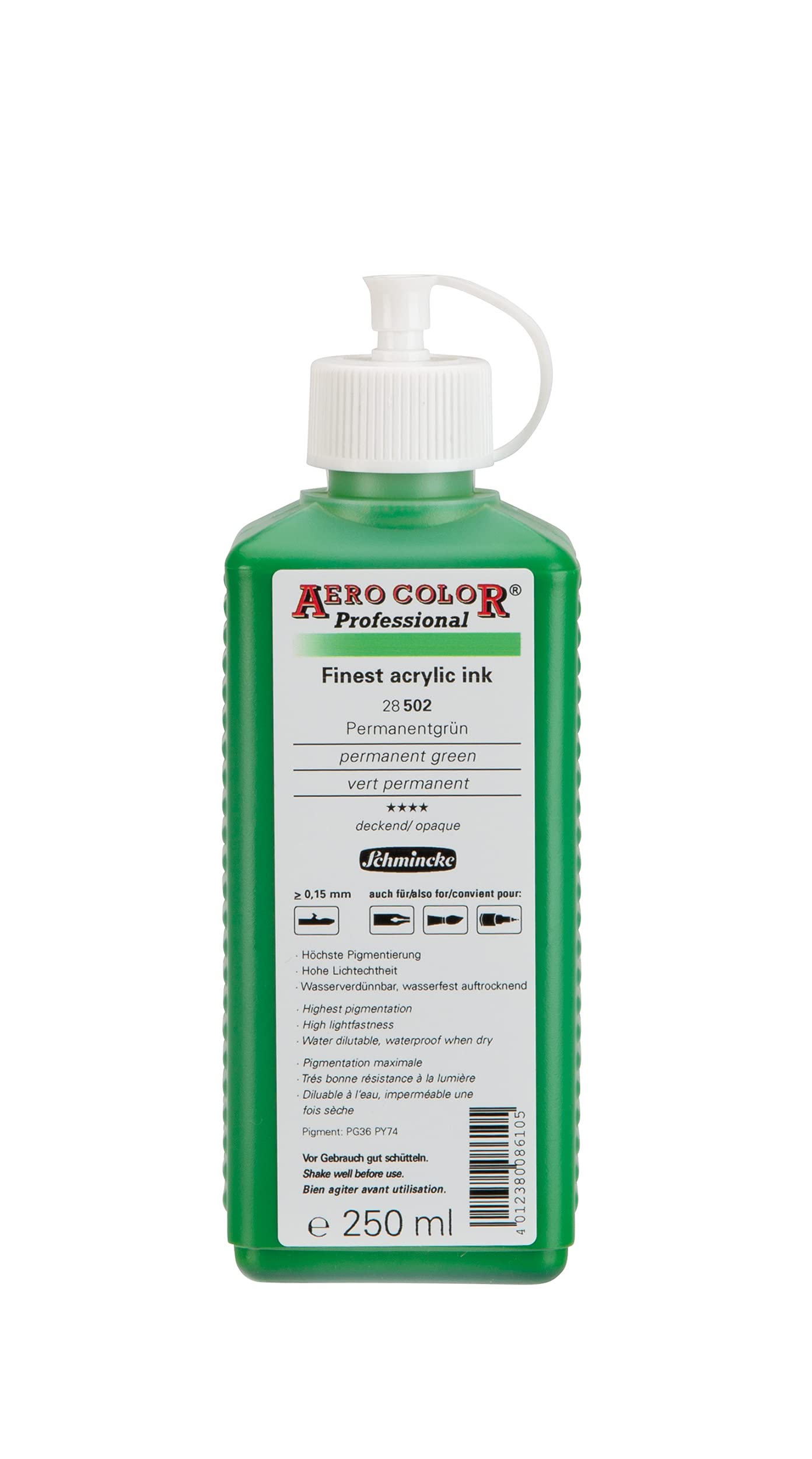 Schmincke - AERO COLOR® Professional, Permanent green 250 ml, 28502027, highly liquid, highly brilliant acrylic colour for acrylic painting, airbrush, mixed media, acrylic ink