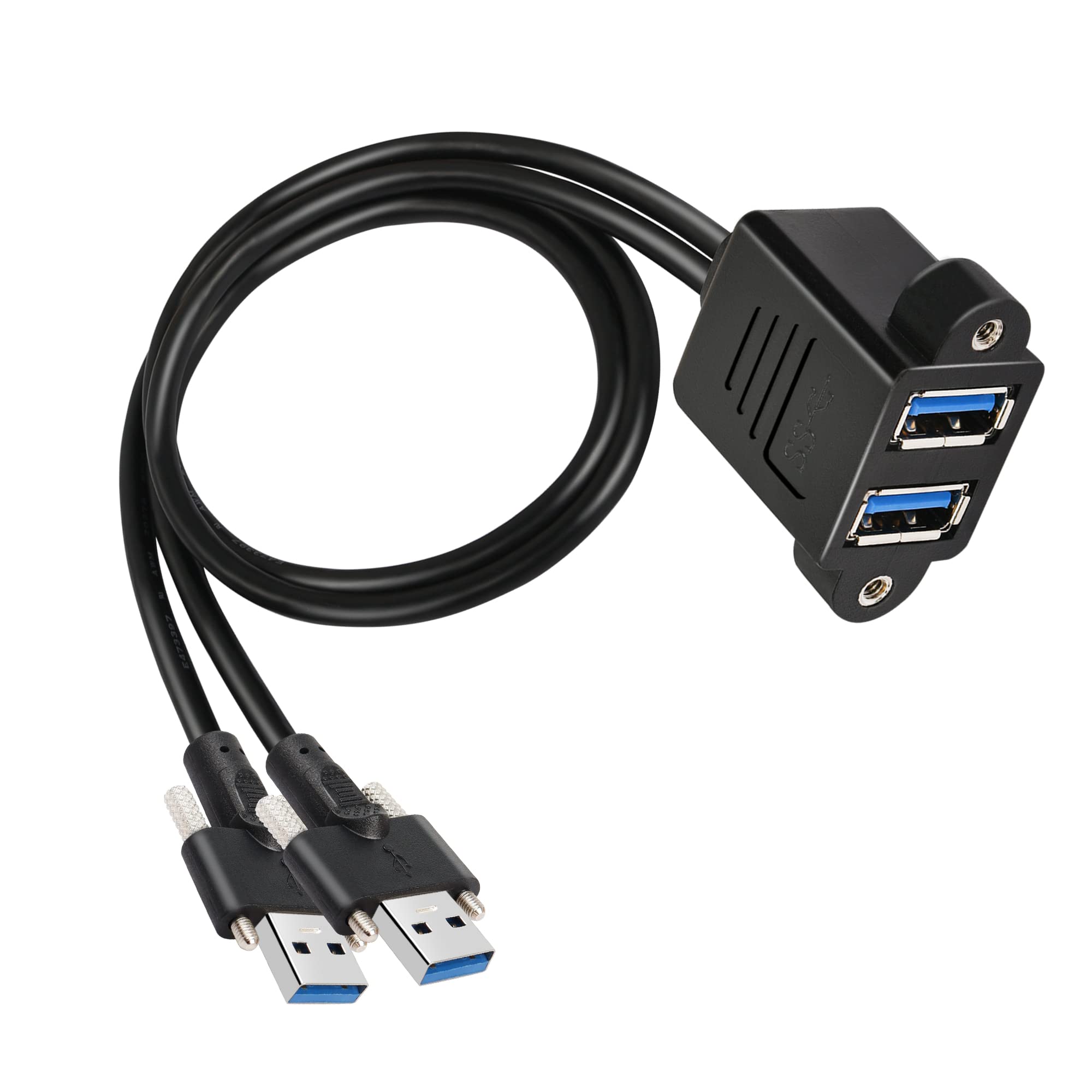 GINTOOYUN Dual USB 3.0 Cable with Panel Mount Screw, Dual Screw Locking 2 Ports USB 3.0 Male to Female Extension Cable (0.5m)