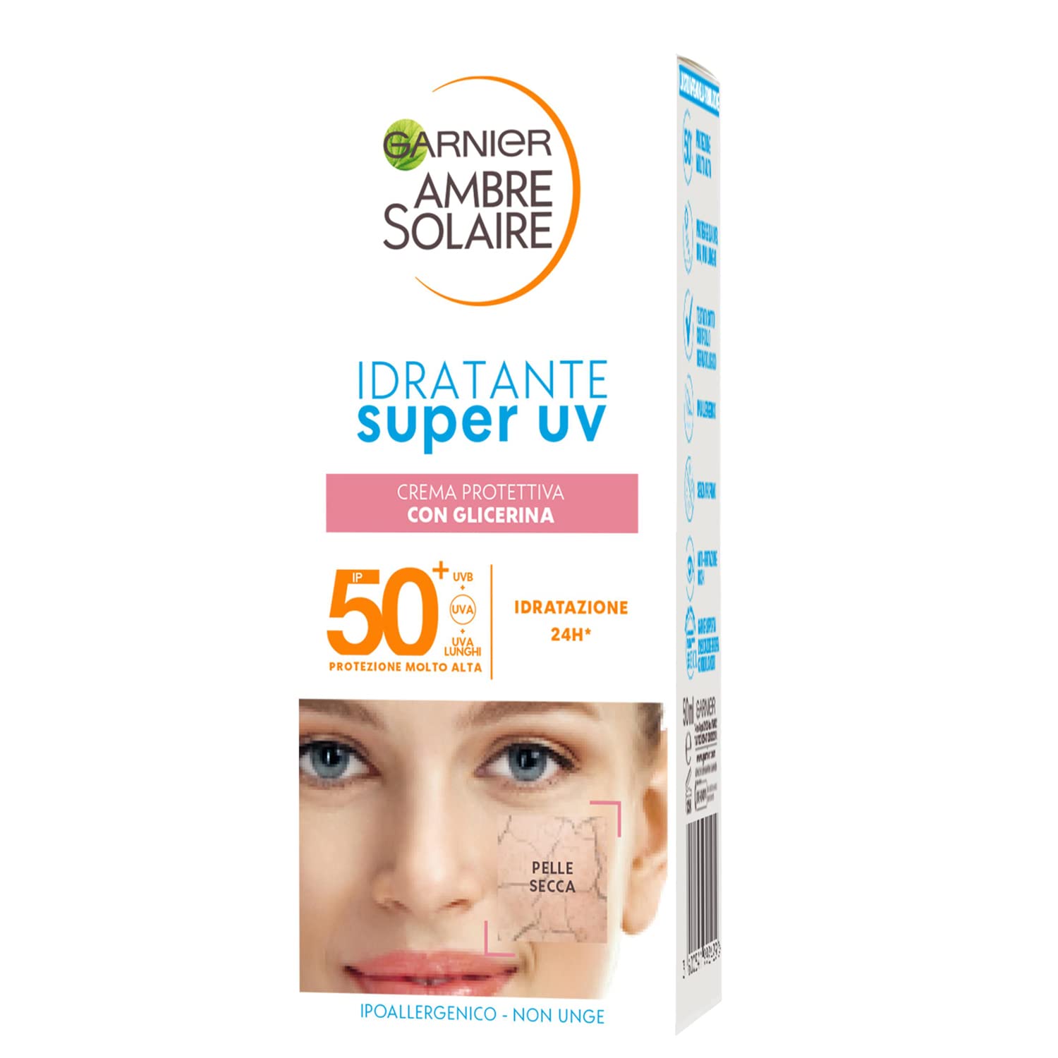 Garnier Ambre Solaire Super UV Face Protection Cream with 24H Moisturising Action, for Dry Leather, Enriched with Glycerin, Very High Protection SPF50+ 40 ml