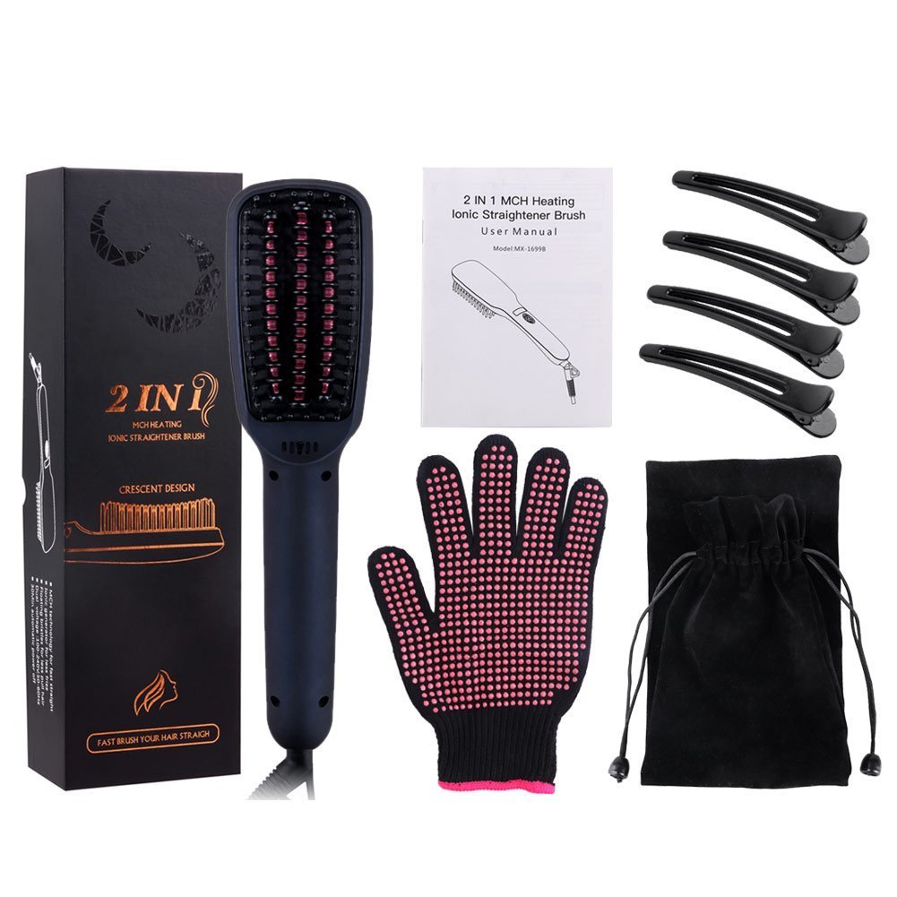 ARINO Spazzola Lisciante Ionica Lisciacapelli Lisciatura Lisciatore Ioni 2 in 1 Raddrizzatore Piastra di Ceramica Styling Elettrico con Tecnologia MCH per Protezione Riscaldamento Rapido Antistatico Scottature Nero