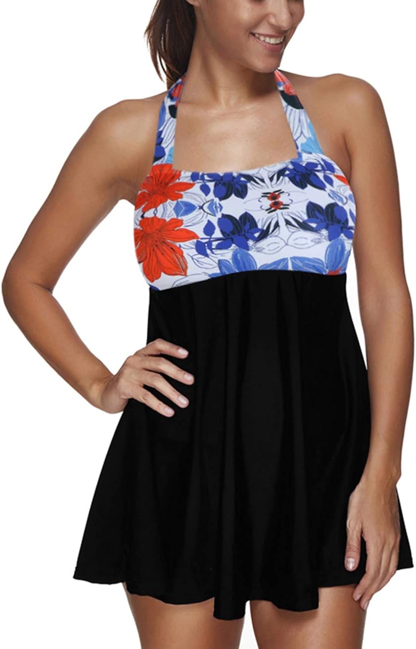 FeelinGirl Swim Dress Women's Retro Halterneck Swimming Costume Plus