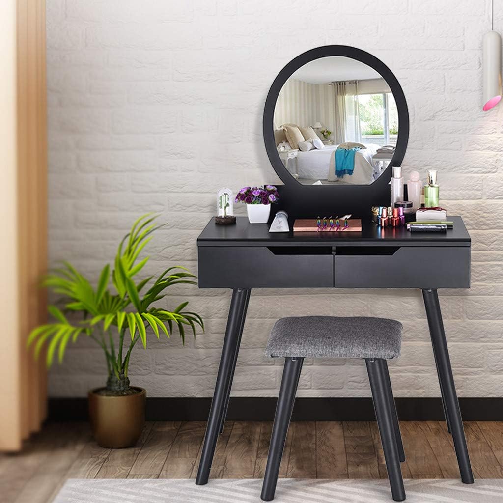 Retrofish Wood Makeup Vanity Table and Cushioned Stool Set Vanity Set with Oval Mirror Make Up Dressing Table Desk with 2 Large Sliding Drawers for Living Bed Room Bathroom，US Shipping (Black)