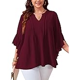 SCOMCHIC Women's Plus Size Blouse 3/4 Sleeve V Neck Chiffon Dressy Casual Shirts Business Work Office Tunic Tops XL-5XL