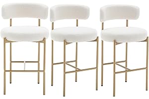 Canxkun Gold Boucle Bar Stools Set of 3, 26" Modern Counter Stools with Backs, White Upholstered Barstools for Kitchen Island, Pub, Cafe