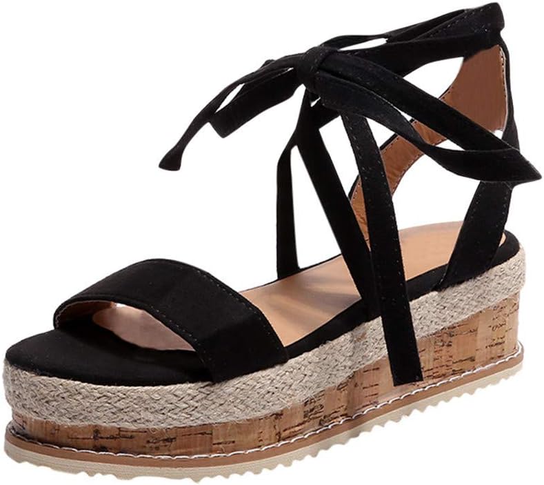 Summer Wedge Sandals for Women,Womens Lace Up Wedge Sandals Espadrille Peep Toe Tie Up Strappy Mid Heel Braided Sandals