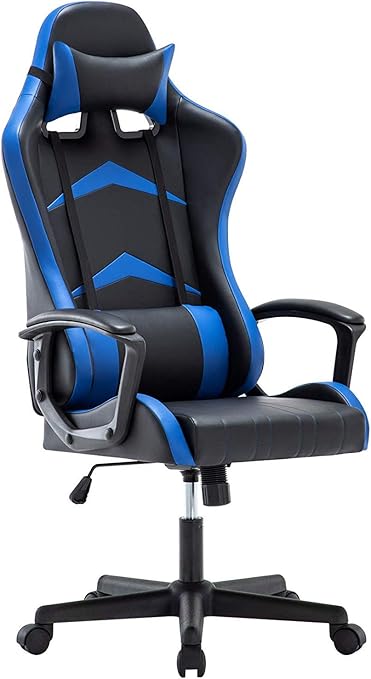 Amazon Co Jp ゲーミングチェア 椅子 オフィスチェア パソコンイス ハイバック リクライニング 多機能 ランバーサポート ひじ掛け 調節可能なヘッドレスト クッション付き ブルー ホーム キッチン