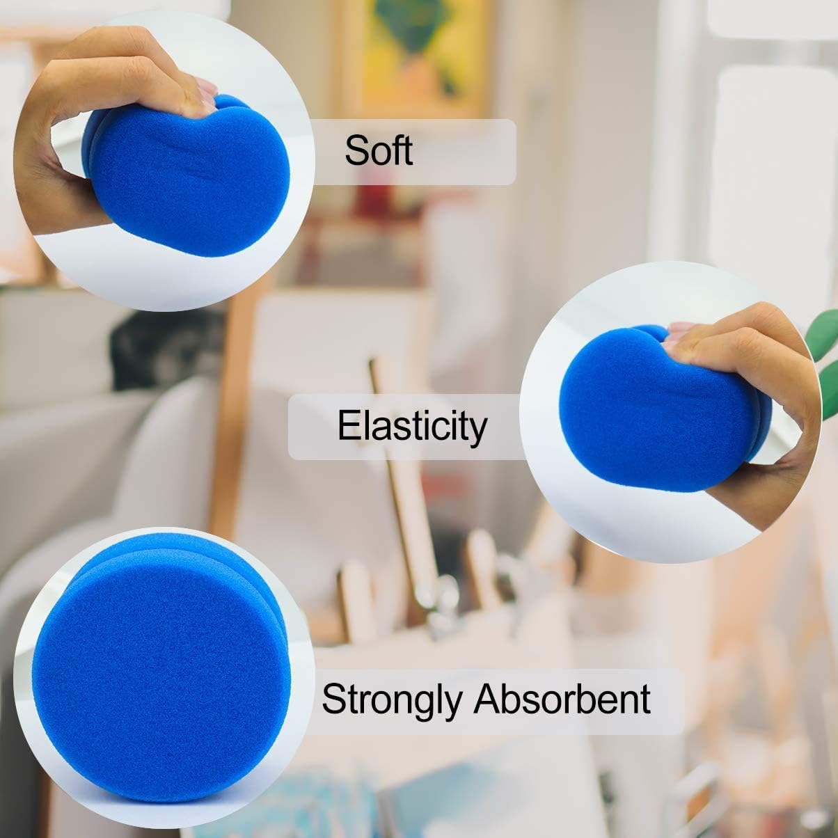 Paint Sponge, Painting Sponge Applicator with Mesh Hang Dry Storage Bag, Watercolor Sponges, 3" Blue Round Painting Sponges for Kids, 2Pcs