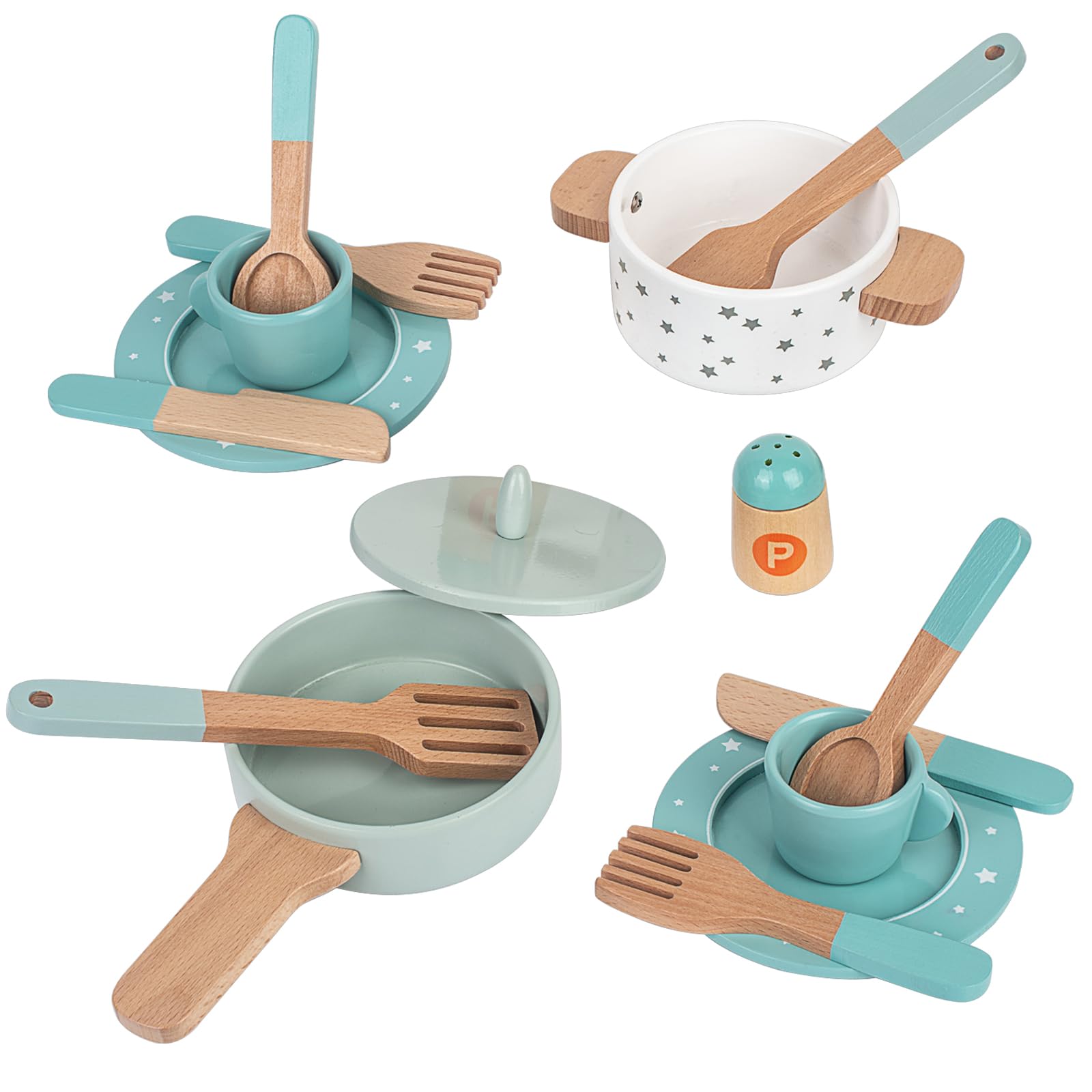 Wooden Toddler Toy Kitchen Pots and Pans, Toy Kitchen Accessories, Role Play Cookware Set, Pretend Play Cooking Simulation Educational Toys for Boys and Girls 3 4 5 6 7 8 Year Olds