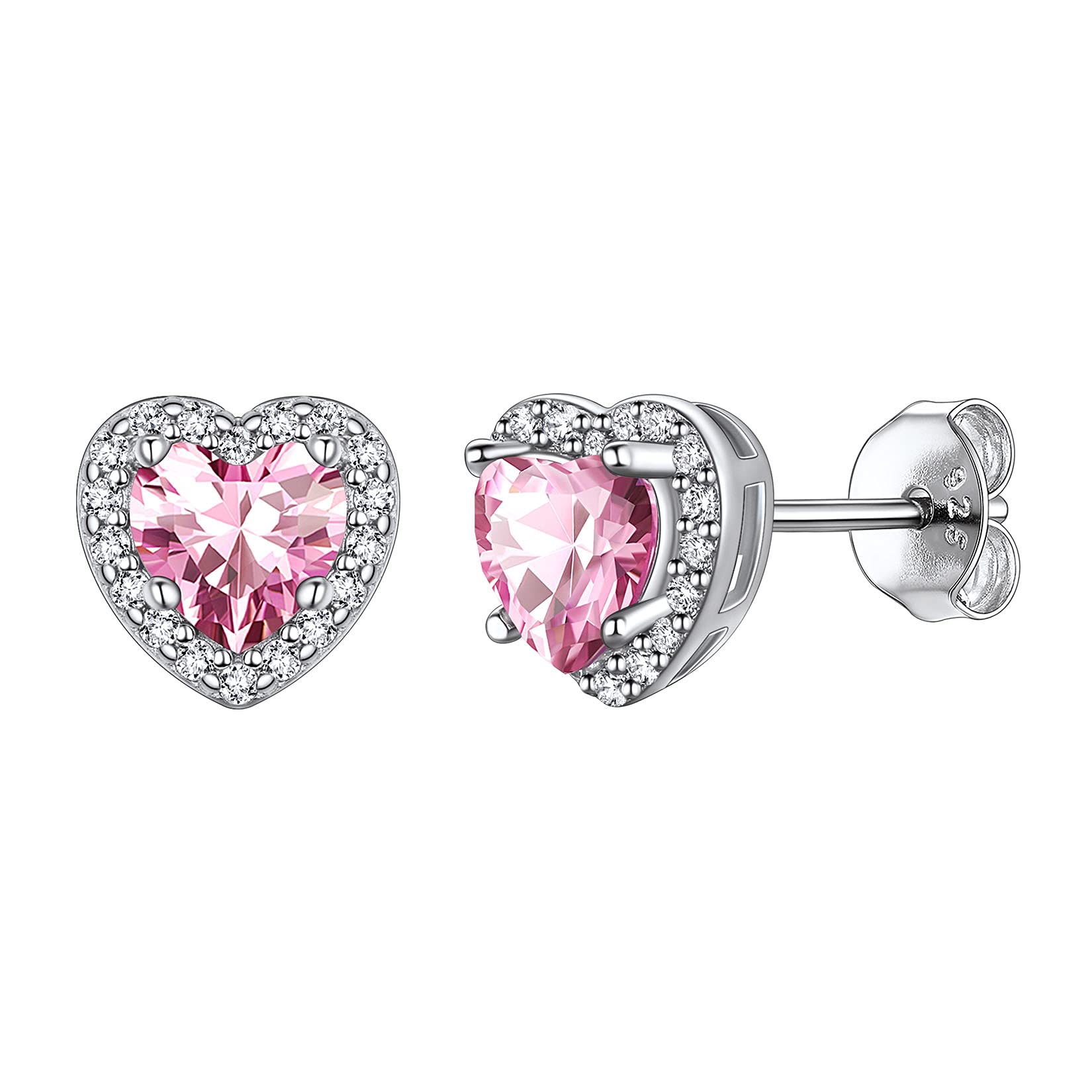 925 Sterling Silver Heart Brilliant Cut Cubic Zirconia CZ Halo Stud Earrings for Women Girls Tiny Cute Comfy Simulated Pink Tourmaline October Birthstone Hypoallergenic Wedding Bridesmaid Earrings