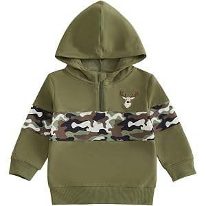 Toddler Baby Boy Fall Outfit Huting Camo Sweatshirt Long Sleeve Hoodie Tops | elk head embroidery, quarter zip up closure, lo