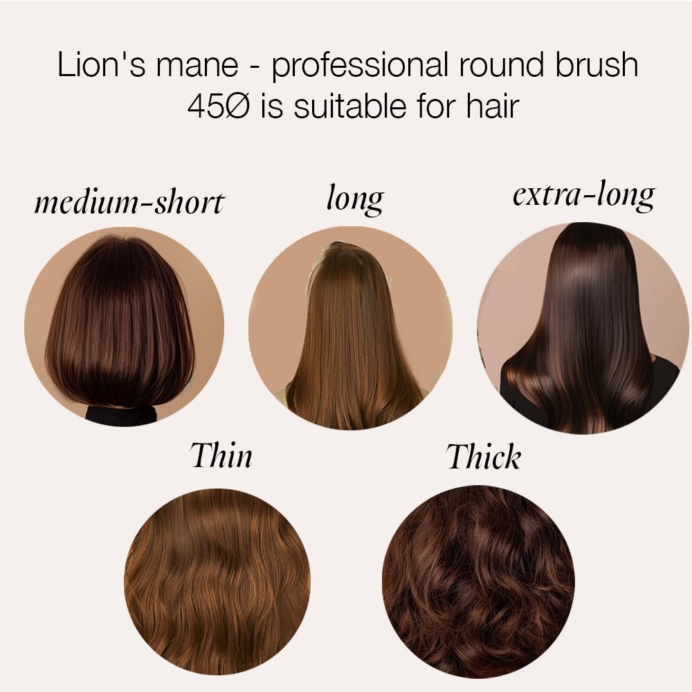 CAPARICA Lion's Mane - Ionic Profesional round hair brush 100% natural boar bristles for blowdry. Thermal with maple wood. For Thin & Thick Hair. Barrel brush for styling. Portuguese brand Ø45