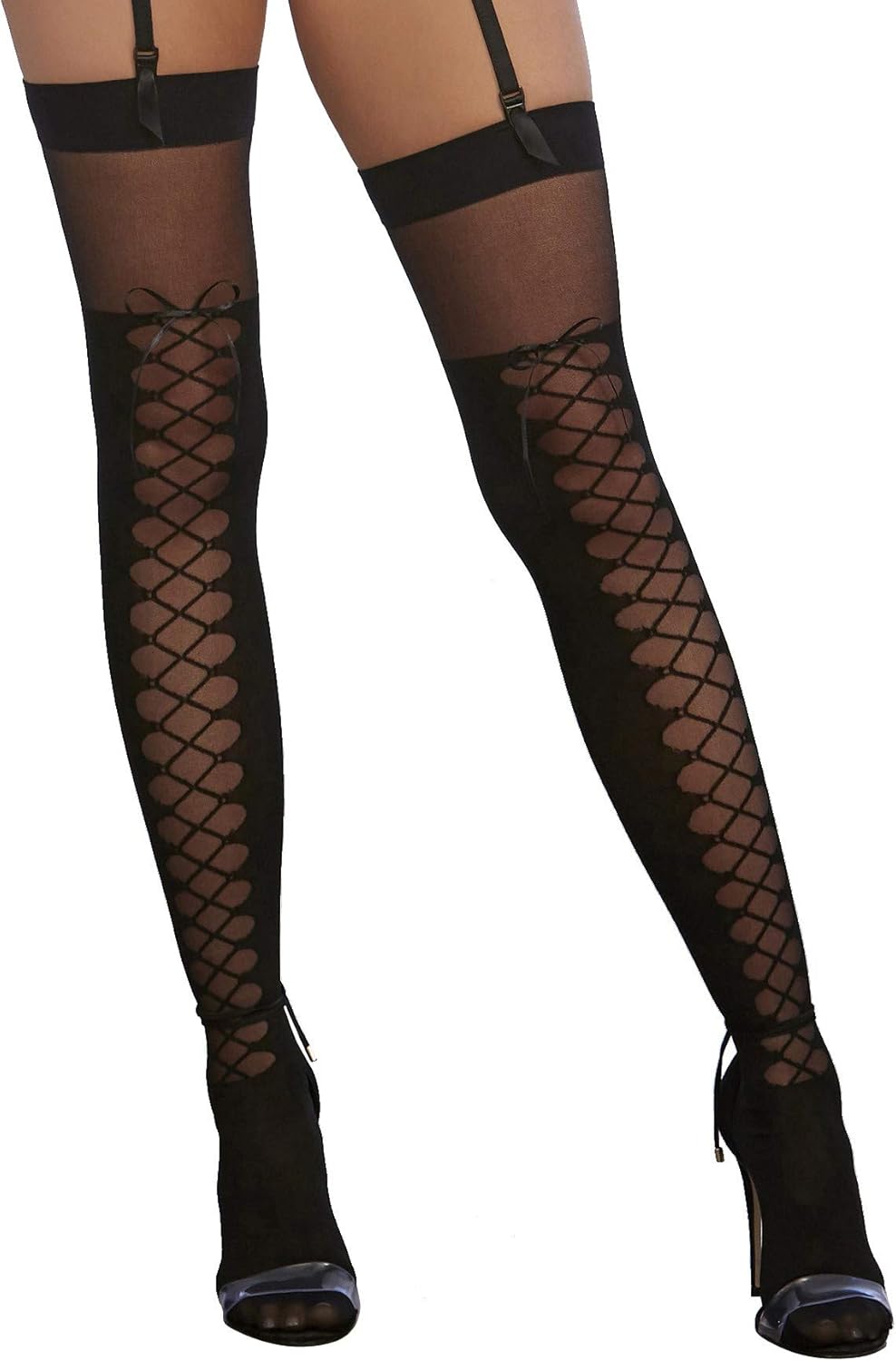 Dreamgirl Women's Sheer Thigh-High Stockings with Lace-Up Boot Design, Black, One Size: Clothing