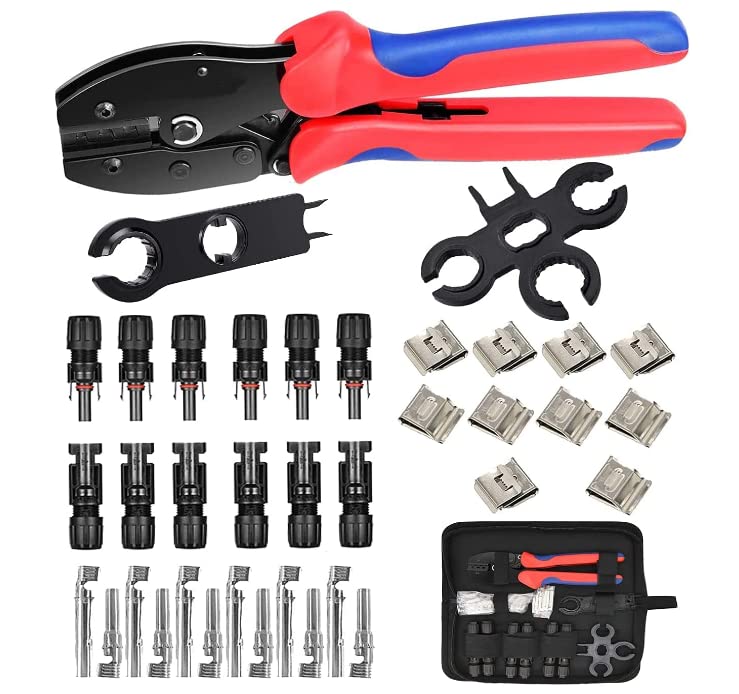 Crimping Tool Kit-Solar Cable Connector,1 Crimper Tool, 2pcs Spanner Wrench,6 Pairs Male/Female Solar Panel Connectors, 37pcs Solar Panel Wiring Kits