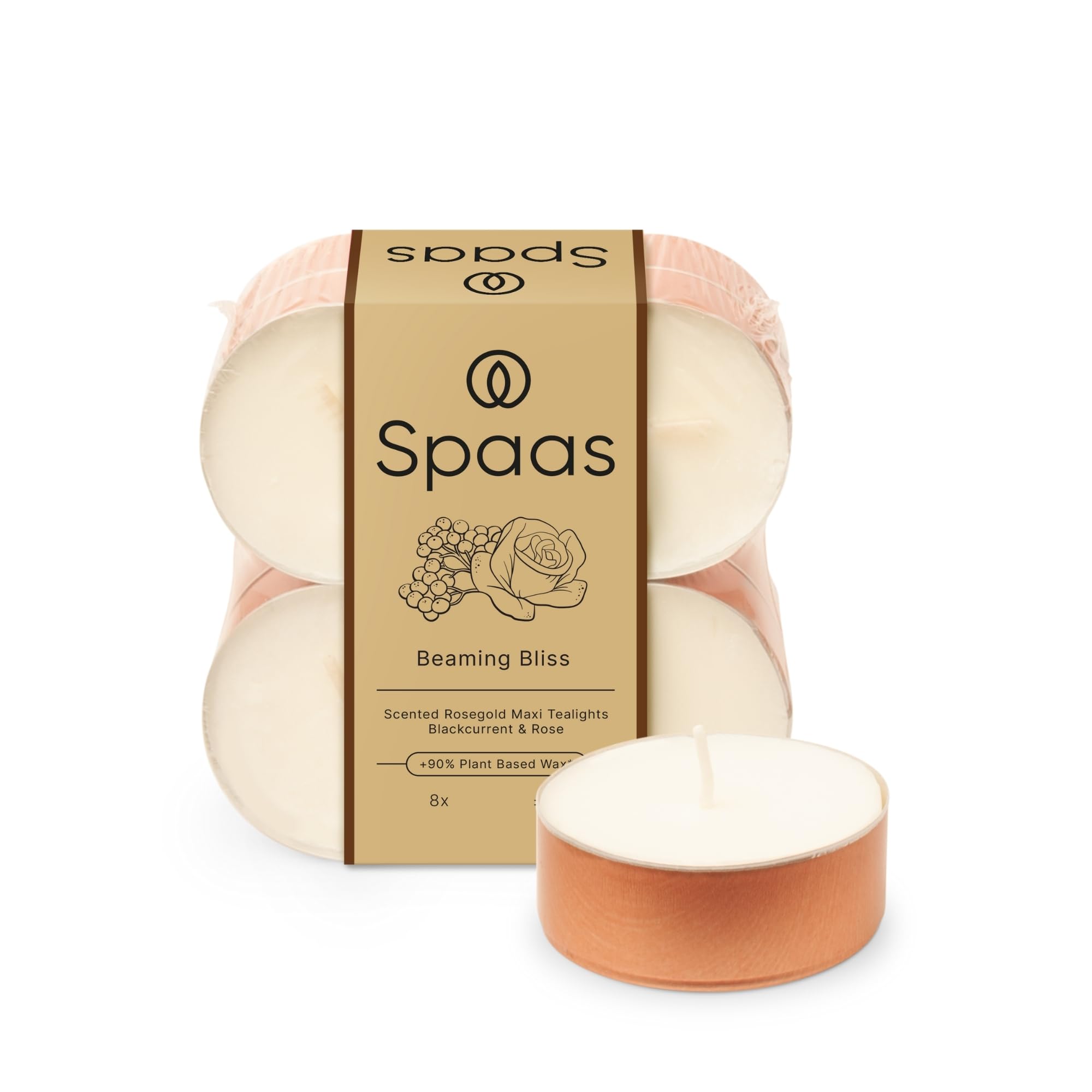 Spaas Maxi Scented Tealights in Rose Gold Cup flatpack x8 10h, Beaming Bliss
