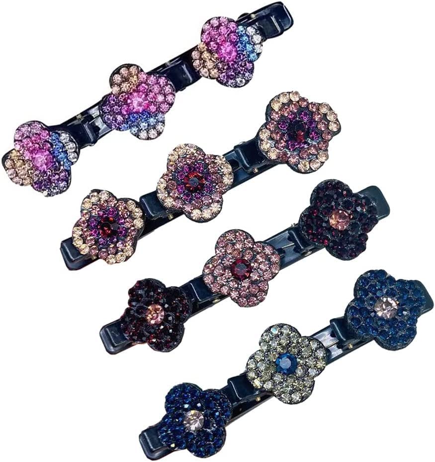 4Pcs Three Flower Side Hair Clip, Satin Fabric Hair Bands, Sectioning Hair Clips, Hair Clips for Styling Sectioning, Ladies Sparkling Rhinestone Flower Hair Clip, Gifts for Women Girls (A)