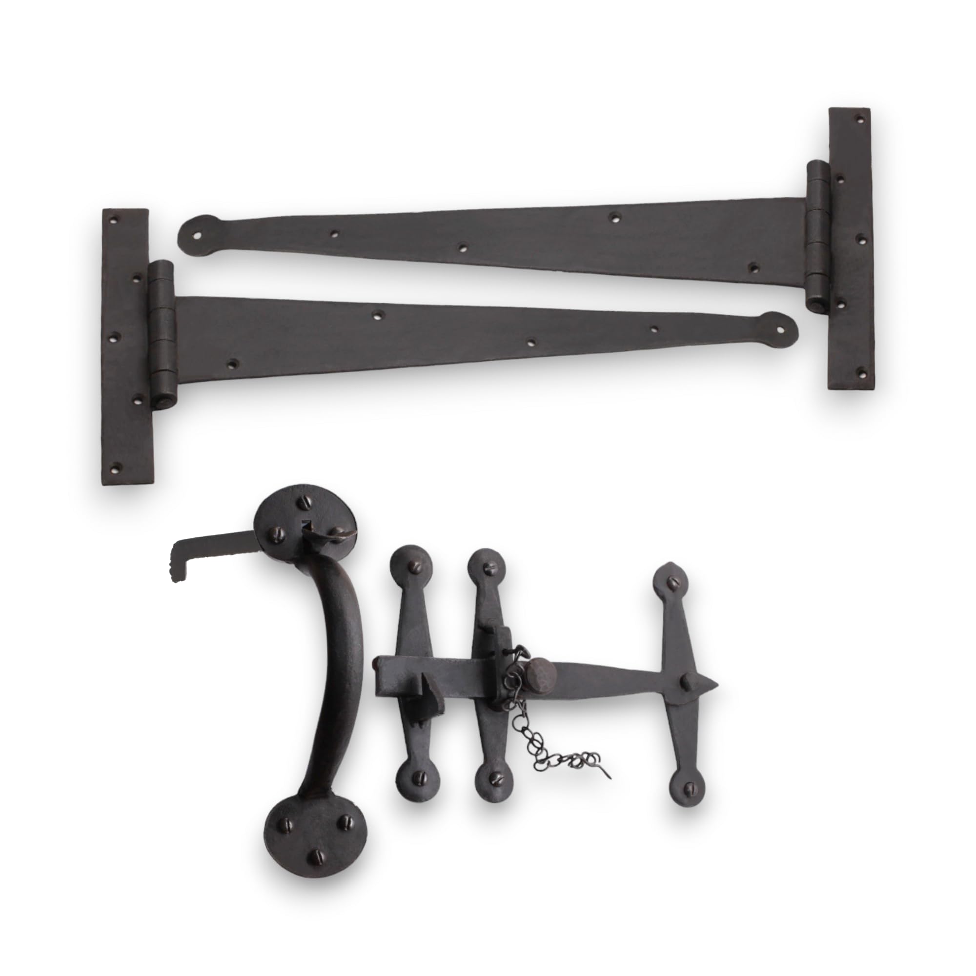 Heavy Duty Hardware Kit - Hand Forged Pair of 18" T Hinge & Suffolk Thumb Latch in Beeswax - Suitable for Oak Ledge Doors