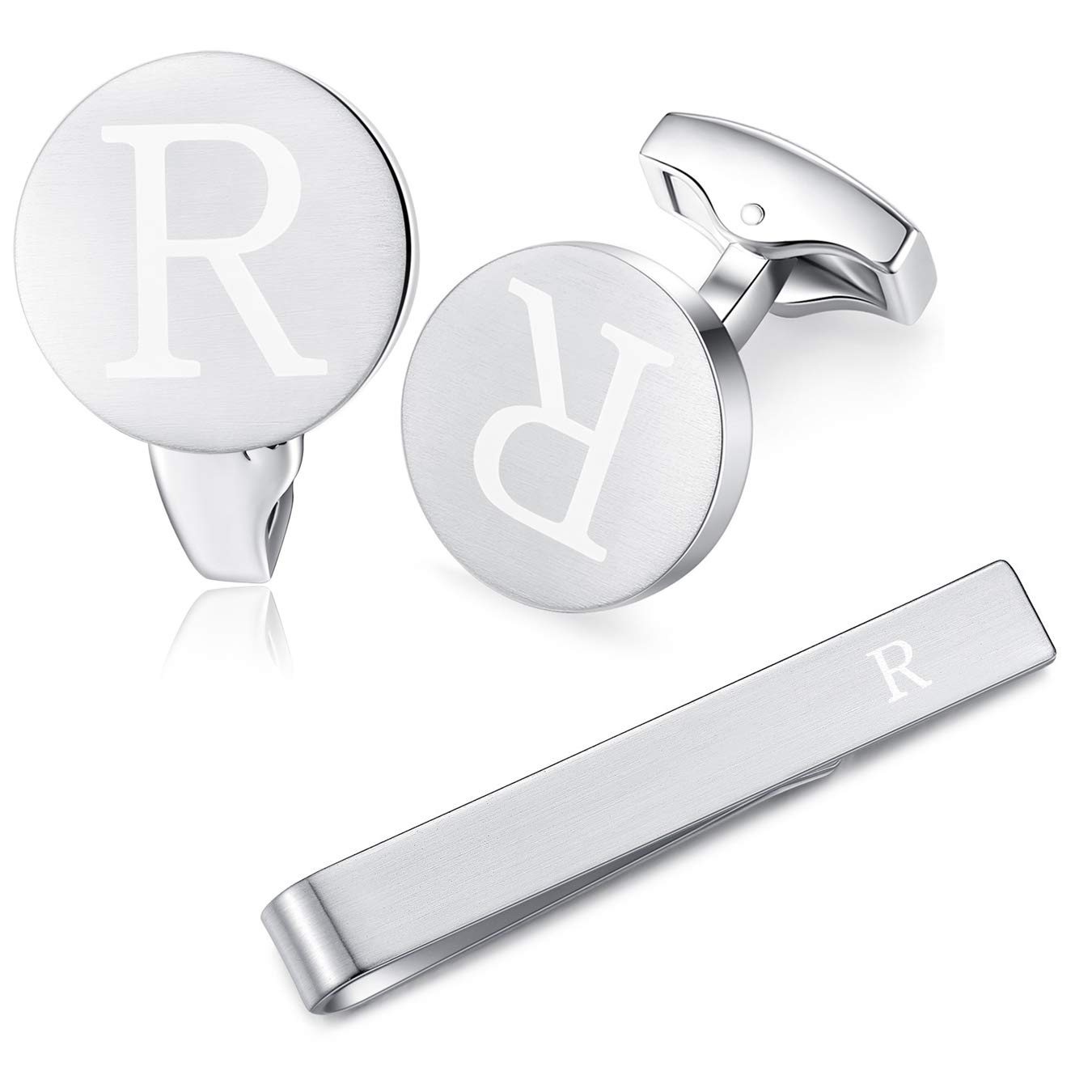 HONEY BEAR Initial Alphabet Letter Cufflinks Skinny Tie Clip Set for Mens Shirt - Round Stainless Steel, for Skinny Narrow Tie Business Wedding Gift,Brushed Silver,4cm (R)