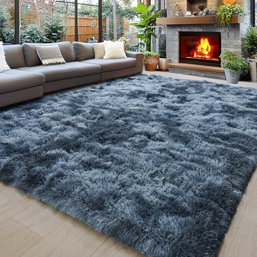 Photo 1 of 8x10 Area Rugs for Living Room, Ultra Soft Fluffy Large Shaggy Rug Carpet for Bedroom, Non-Slip Fuzzy Plush Rugs for Nursery Boys Girls Kids Room Modern Indoor Home Decor, Tie-Dyed Blue Grey