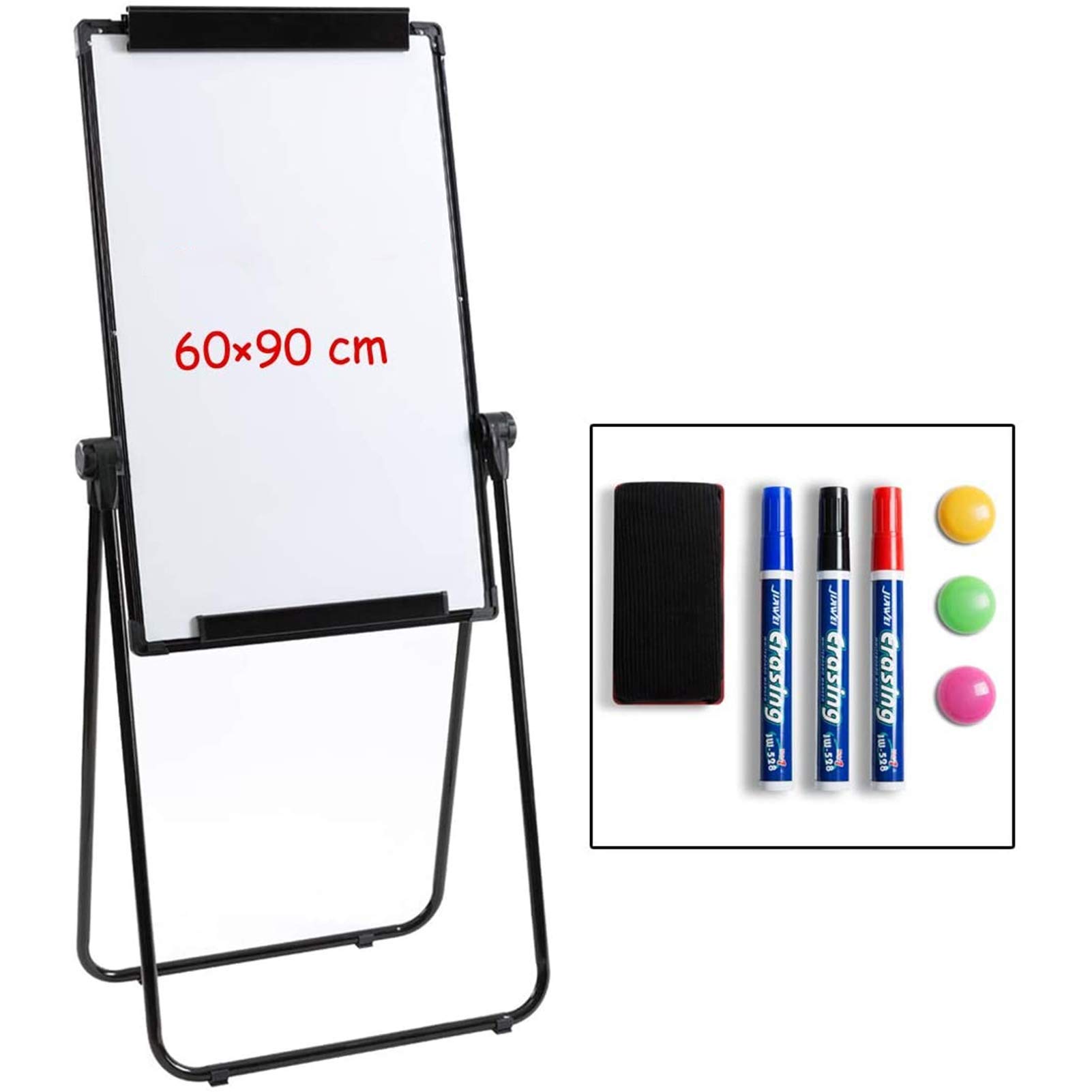 DOEWORKS Flip Chart Easel Whiteboard 90x60cm U-Stand, Double Sides Magnetic White Board Flipchart, Height Adjustable and Foldable Whiteboard for Home School Office, Black