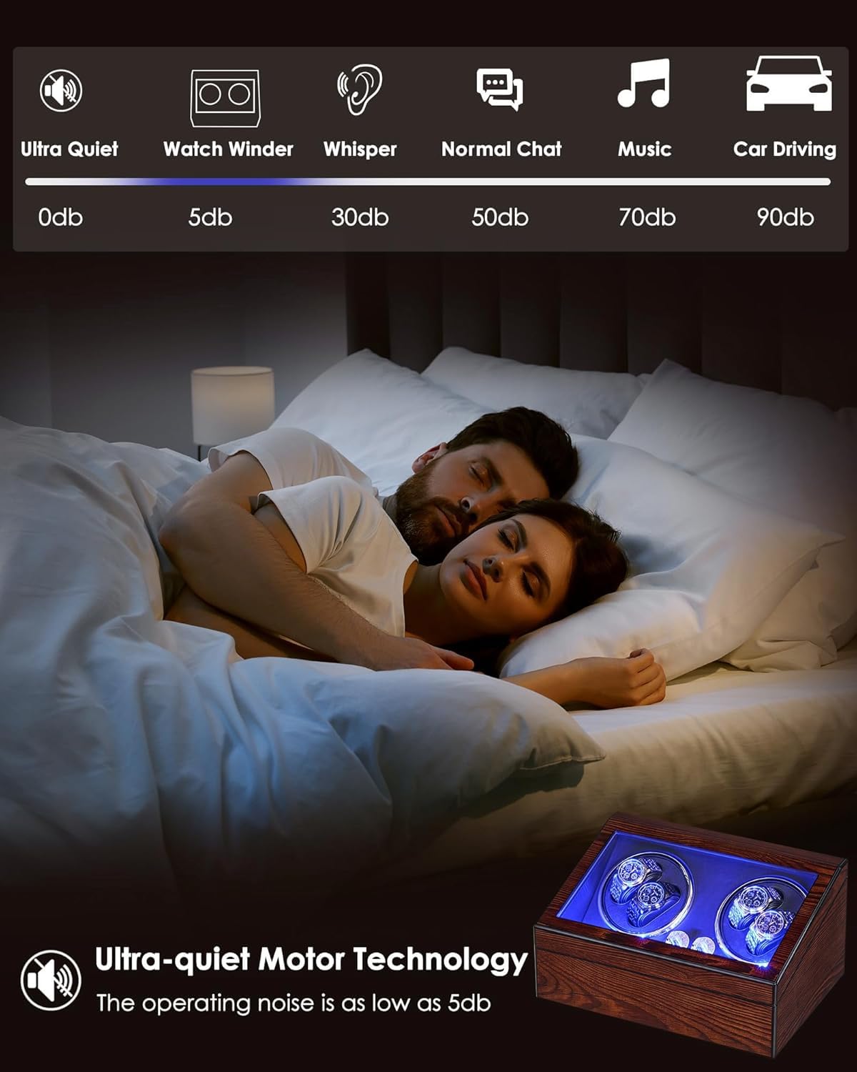 BEWISHOME Watch Winders for Automatic Watches, Automatic Watch Winder Box Watch Spinner with LED Light, 4 Watch Winder with Quiet Running Motor and 6 Storage Case for Man/Woman's Watches, Brown SYQ01Y