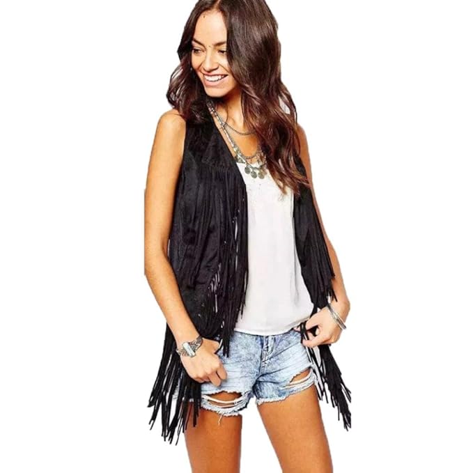 TWIFER Damen Faux Wildleder Ethnische ärmellose Quasten mit Fransen Weste Cardigan