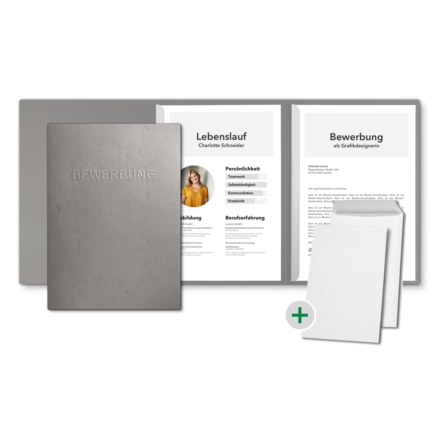 x10 3-Part Job Application Folders Grey with 2 Slide Binders in Leather-Look/Quality White Prägung Bewerbung with 10 Envelope/Direct from The Manufacturer Stratag